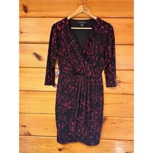 Tahari Womens Black Pink Floral Wrap Size 6 Dress 3/4 Sleeve V-Neck Lined